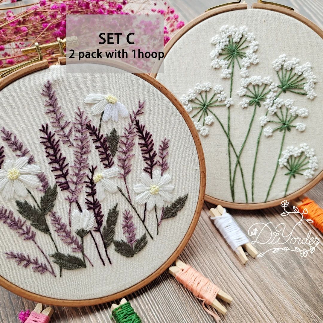 2 Pack DIY Beginner Embroidery Kit- Floral Flower Pattern-Pre Print Fabric-embroidery kit beginne... | Etsy (US)