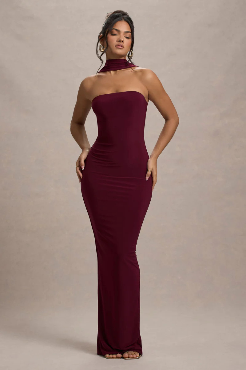 Nobu  Burgundy Bandeau Maxi Dress With Halter-Collar | Club L London