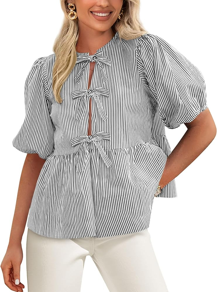 PRETTYGARDEN Women's Tie Front Striped Shirt 2025 Summer Trendy Fashion Cute Babydoll Tops Peplum... | Amazon (US)