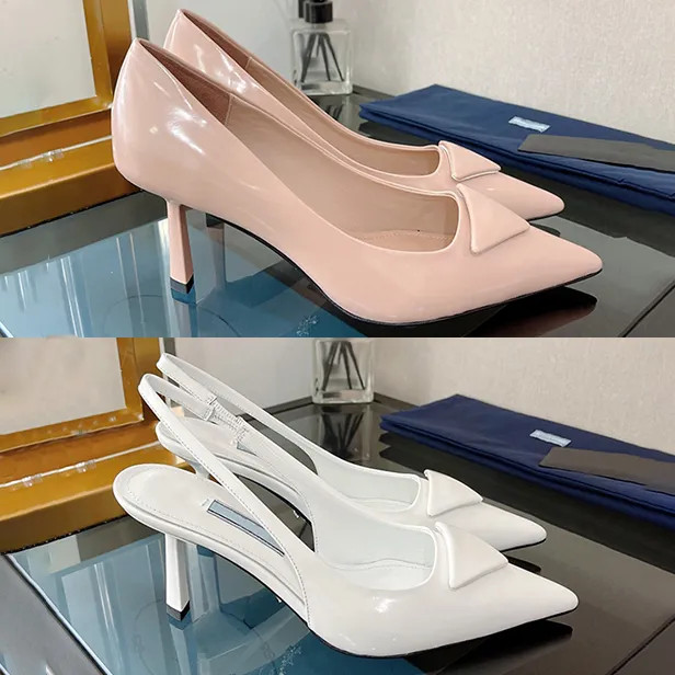 Luxury Dress shoes Logo Printed 75mm High-heeled Brushed Leather Pumps black white pink slingback... | DHGate