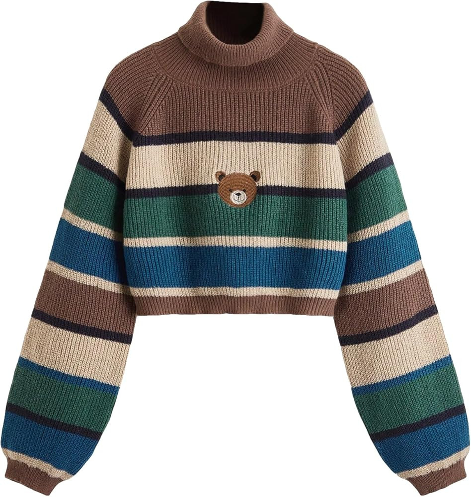WDIRARA Women's Striped Bear Embroidery High Neck Bishop Long Sleeve Sweater Crop Knit Pullovers | Amazon (US)
