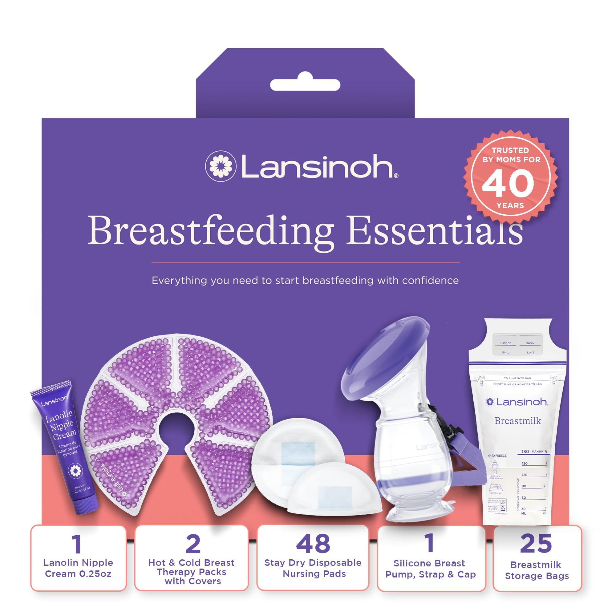 Lansinoh Breastfeeding Essentials Kit for New Moms with Nursing Pads, Breastmilk Storage Bags, Ni... | Amazon (US)