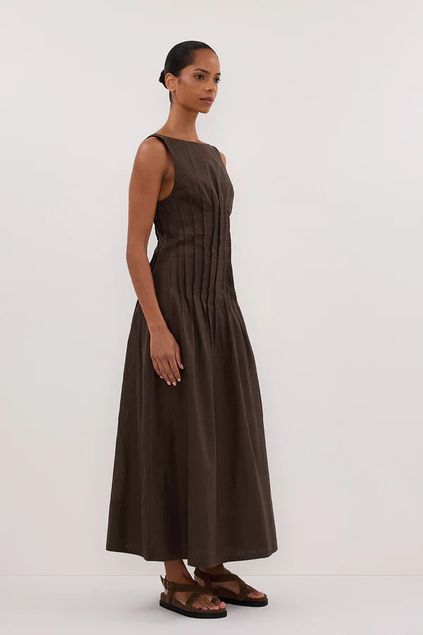 MANA BITTER CHOC LINEN MIDI DRESS | DISSH