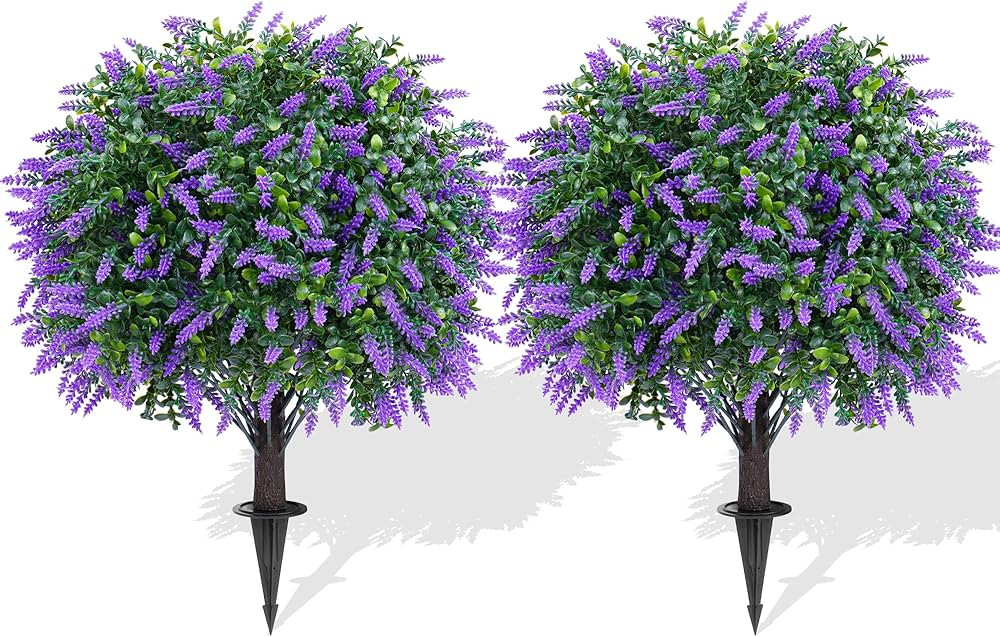 Artificial Lavender Topiary Ball Trees with Ground Spike, 2 Pack 16 Inches UV Resistant Artificia... | Amazon (US)
