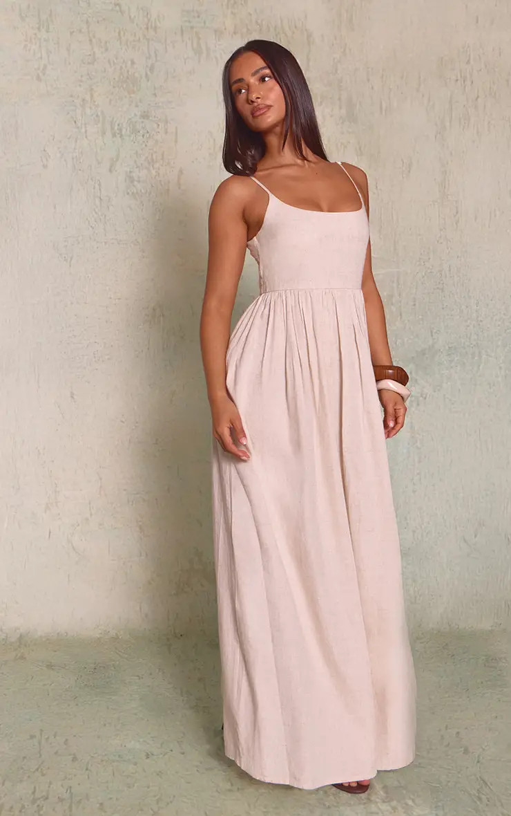 Petite Taupe Scoop Neck Gathered Waist Linen Look Maxi Dress | PrettyLittleThing US