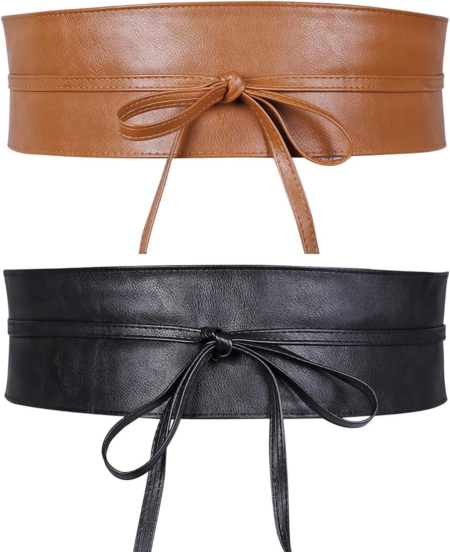 WHIPPY Women Obi Style Waist Belt Soft Faux Leather Wide Wrap Around Bowknot Ladies Waistband Bel... | Amazon (US)
