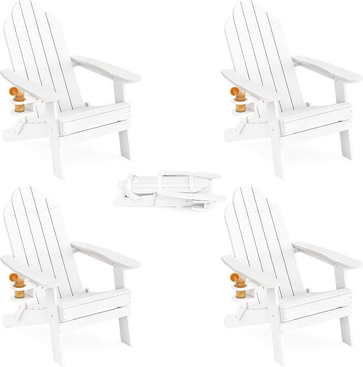 LUE BONA Folding Adirondack Chair, Chairs Set of 2, Cup Holder, Woodgrain, Fire Pit, Patio, Pool, White | Amazon (US)