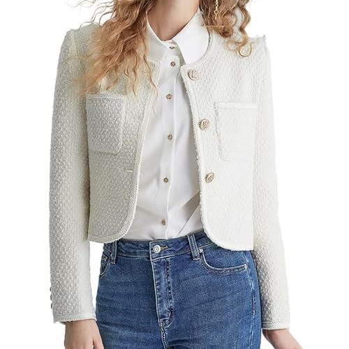 URBAN REVIVO Women's Casual Business Cropped Tweed Blazers Jacket with Pocket Slim Fit Long Sleeve Short Suit for Work Office White, XX-Large | Amazon (US)