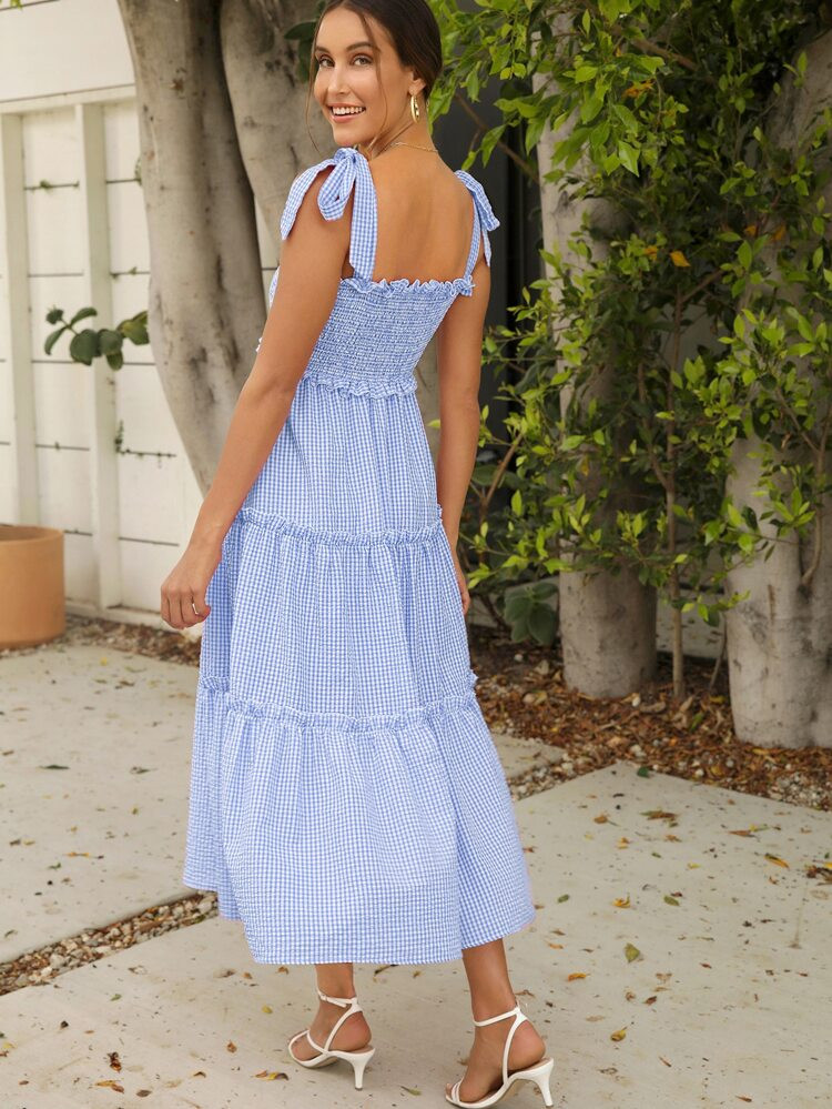 SHEIN Tie Shoulder Shirred Panel Buffalo Plaid Layered Dress | SHEIN