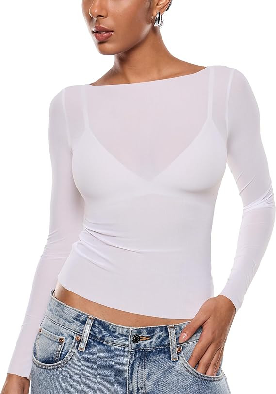INLYRIC Women's Cosnufy Mesh Sheer Long Sleeve Tops See Through Boat Neck Going Out Tops Trendy S... | Amazon (US)