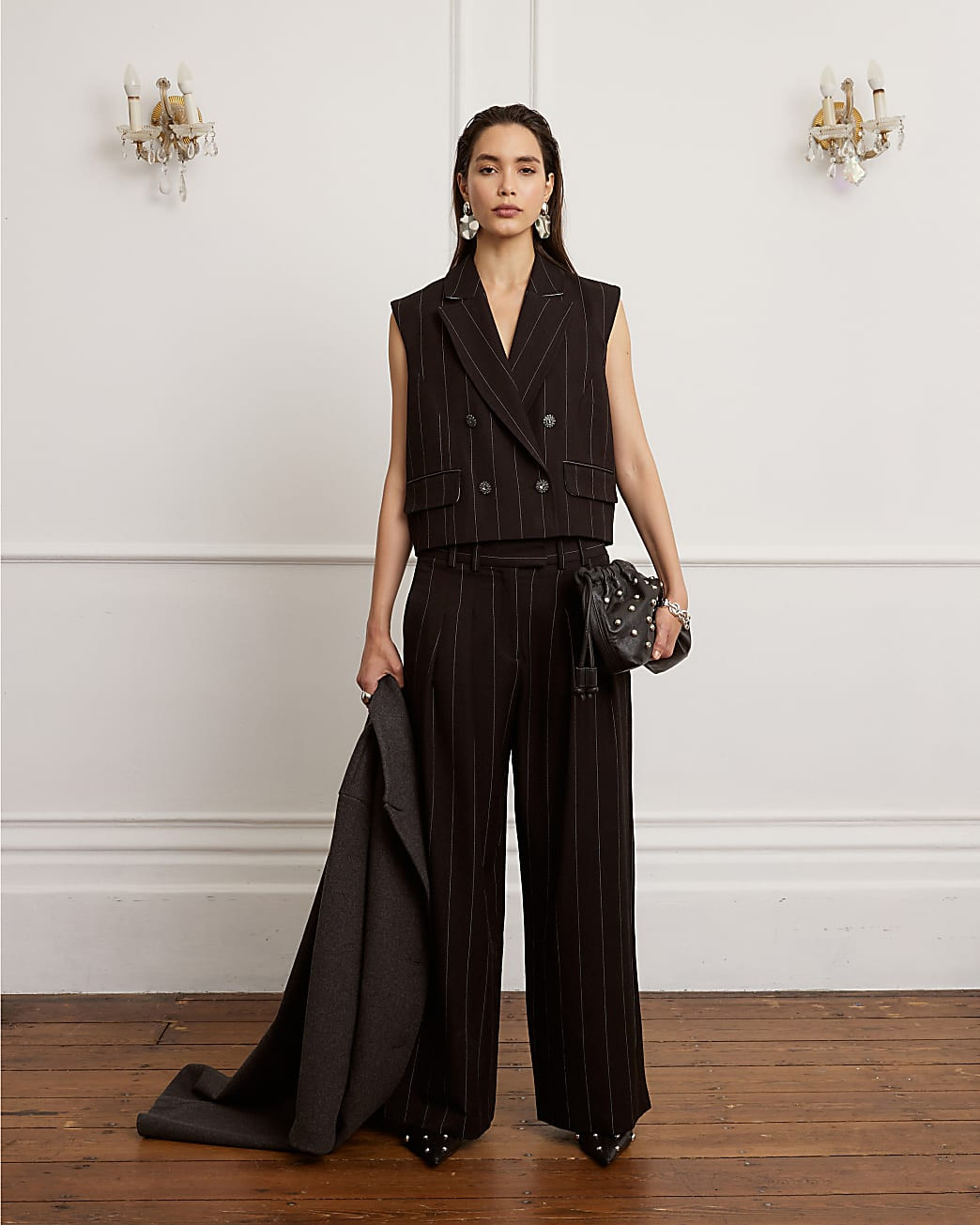 Black Pinstripe Wide Leg Trousers | River Island UK & IE