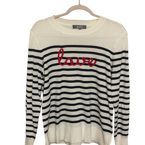 Marled Black and White Striped Sweater with Red Love Detail | Poshmark