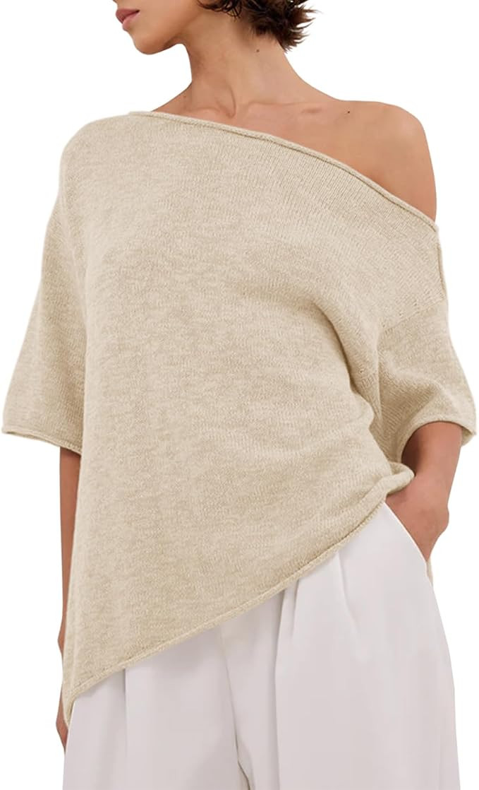Womens Off The Shoulder Knit Tops Summer Short Sleeve Linen T Shirts | Roll Hem,Asymmetrical,Roun... | Amazon (US)