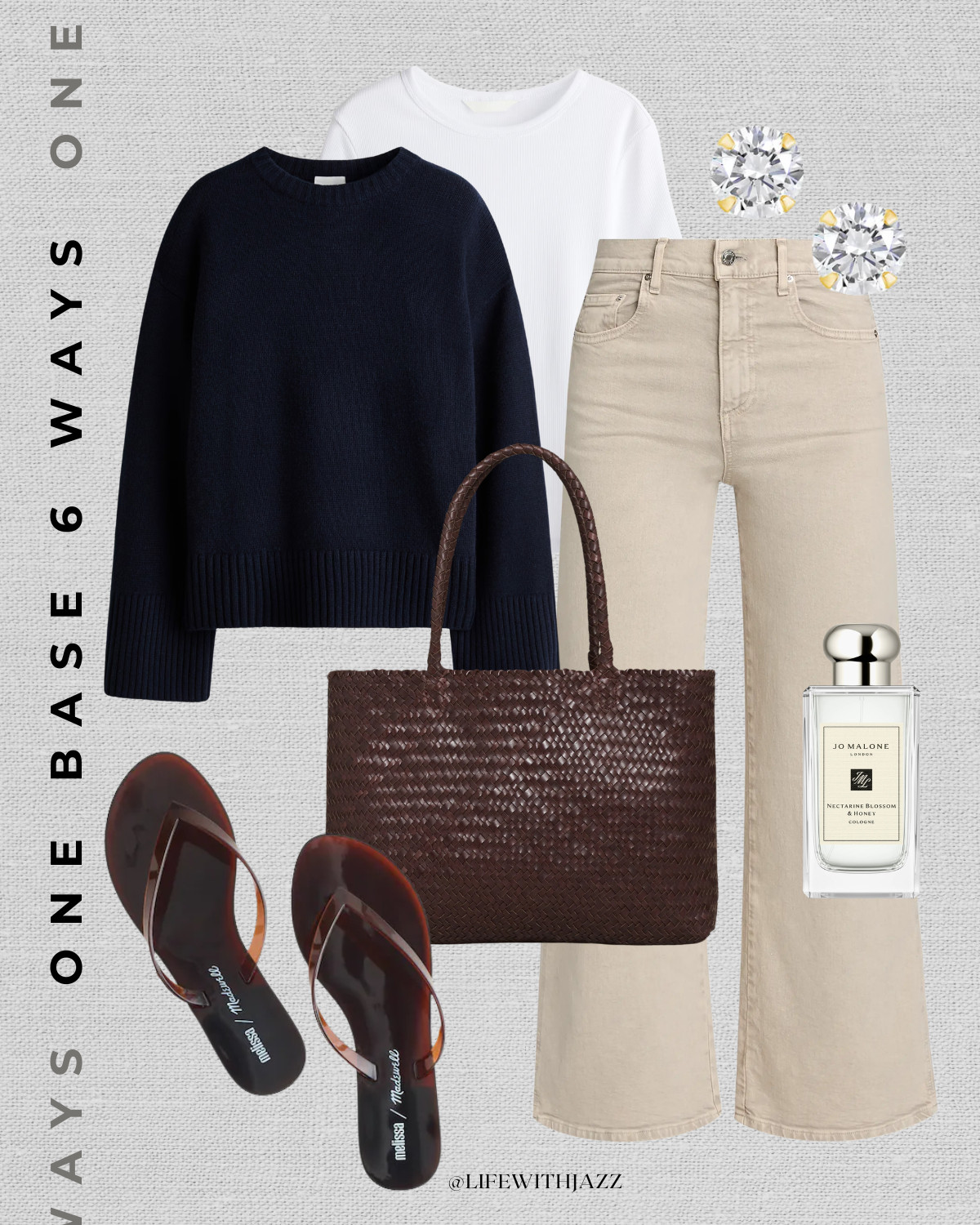 1 base 6 ways outfit with beige jeans 

spring style / summer style / casual style / beige wide leg jeans / ribbed tee / navy crewneck sweater / chocolate brown woven tote bag madewell / jelly flip flops  

 

#LTKootd