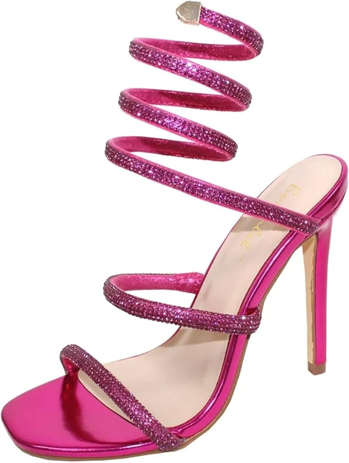 Women Rhinestone Spiral Ankle Wrap Strap High Heels Sandals | Amazon (US)