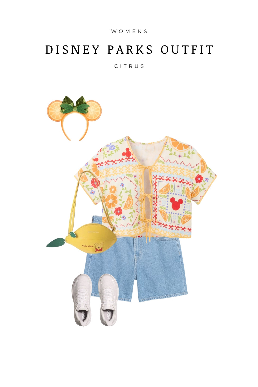 Bright and fun Disney parks outfit featuring a citrus print top, denim shorts, and white sneakers. Perfect for a summer Disney trip, Disneyland outfit, or Disney World park day look. Includes cute Mickey citrus details and a playful Disneybound style with themed accessories like Minnie ears and a citrus crossbody bag. Great for hot weather, walking all day, and staying stylish at the parks.

#LTKootd #LTKTravel #LTKSeasonal