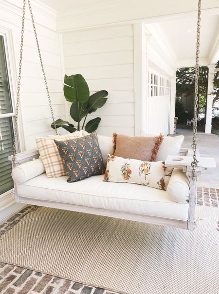 Outdoor bed swing, Sunday swing, outdoor Furniture, Porch decor, home decor, Spring front porch, Spring decor, porch styling, southern porch 
 #swing #outdoor #porcheandco


#LTKhome #LTKstyletip #LTKSeasonal