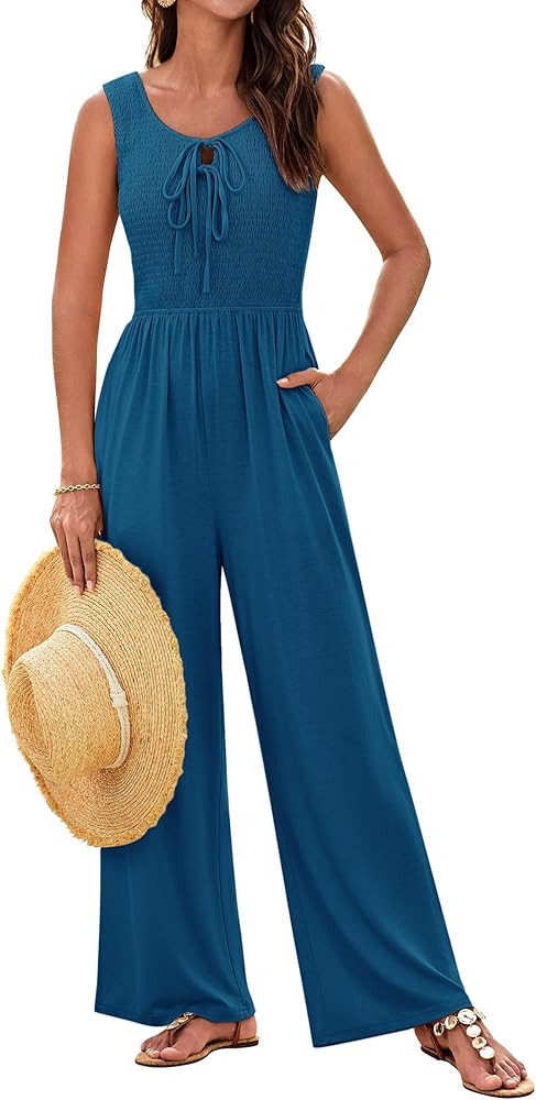 GRACE KARIN Jumpsuits for Women Bow Tie Front Overalls Smocked Tops Wide Legs Casual Knitted Outf... | Amazon (US)