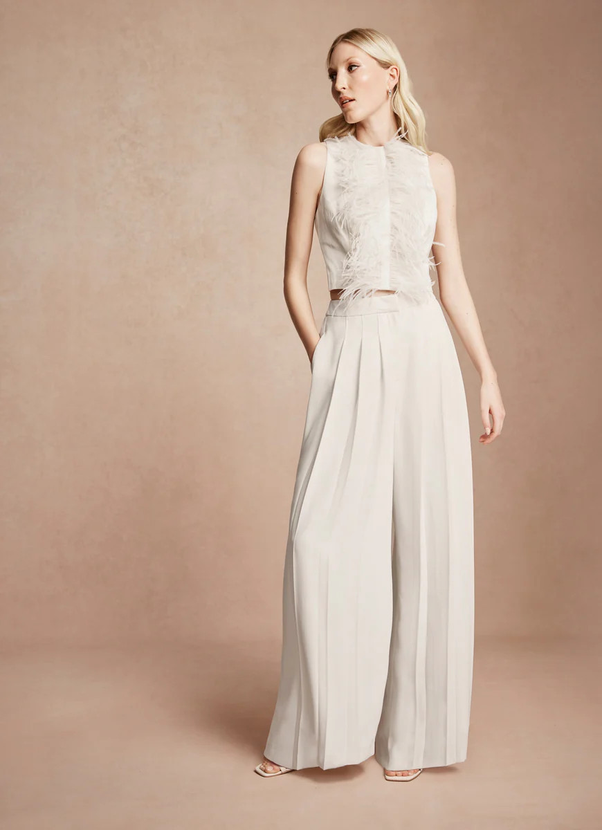 Neutral Pleated Wide Trousers | Mint Velvet