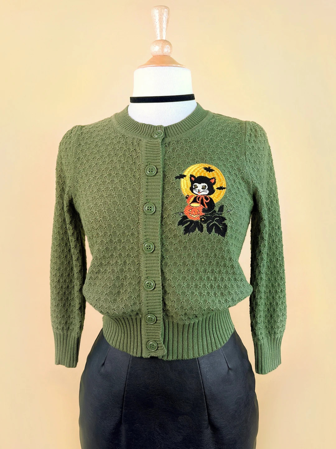 Black Cat Night Cropped Cardigan in Sage Size S, M, L, XL Sweater Vintage Halloween Inspired by M... | Etsy (US)