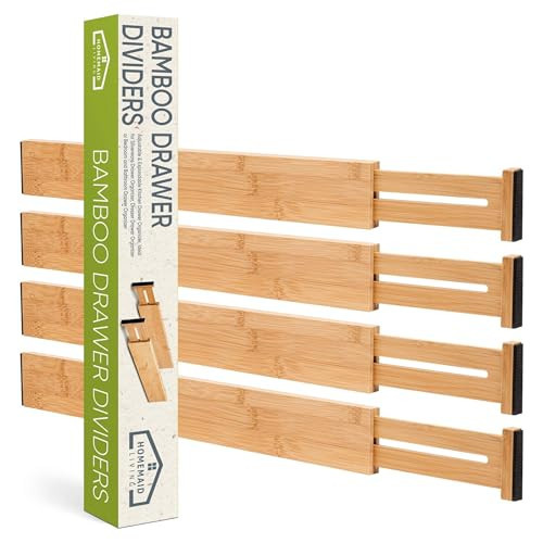 Homemaid Living Bamboo Drawer Organizer Adjustable and Expandable - Ideal Drawer Dividers for Kitchen, Dresser, Bedroom and Bathroom - Expandable Drawer Organizer Set of 4 - Water-Resistant Finish | Amazon (US)
