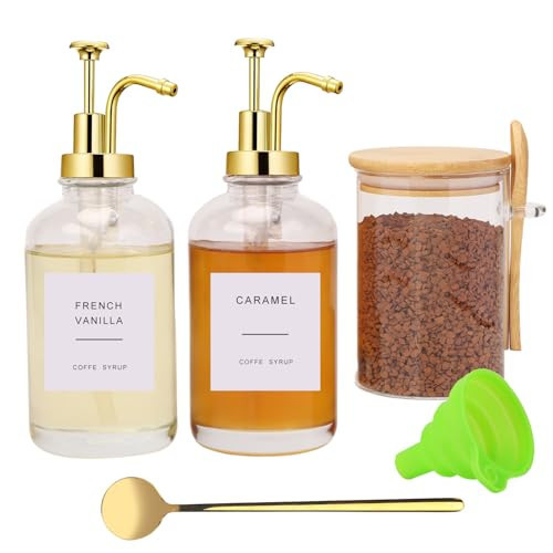 Forhaodejia Coffee Bar Accessories, Coffee Syrup Dispenser-2 Pcs16.9 oz, Syrup Pump Dispenser for Coffee Bar, with Glass Bamboo Lid Jar with Spoon, Gold Pump Syrup Dispenser with Labels | Amazon (US)