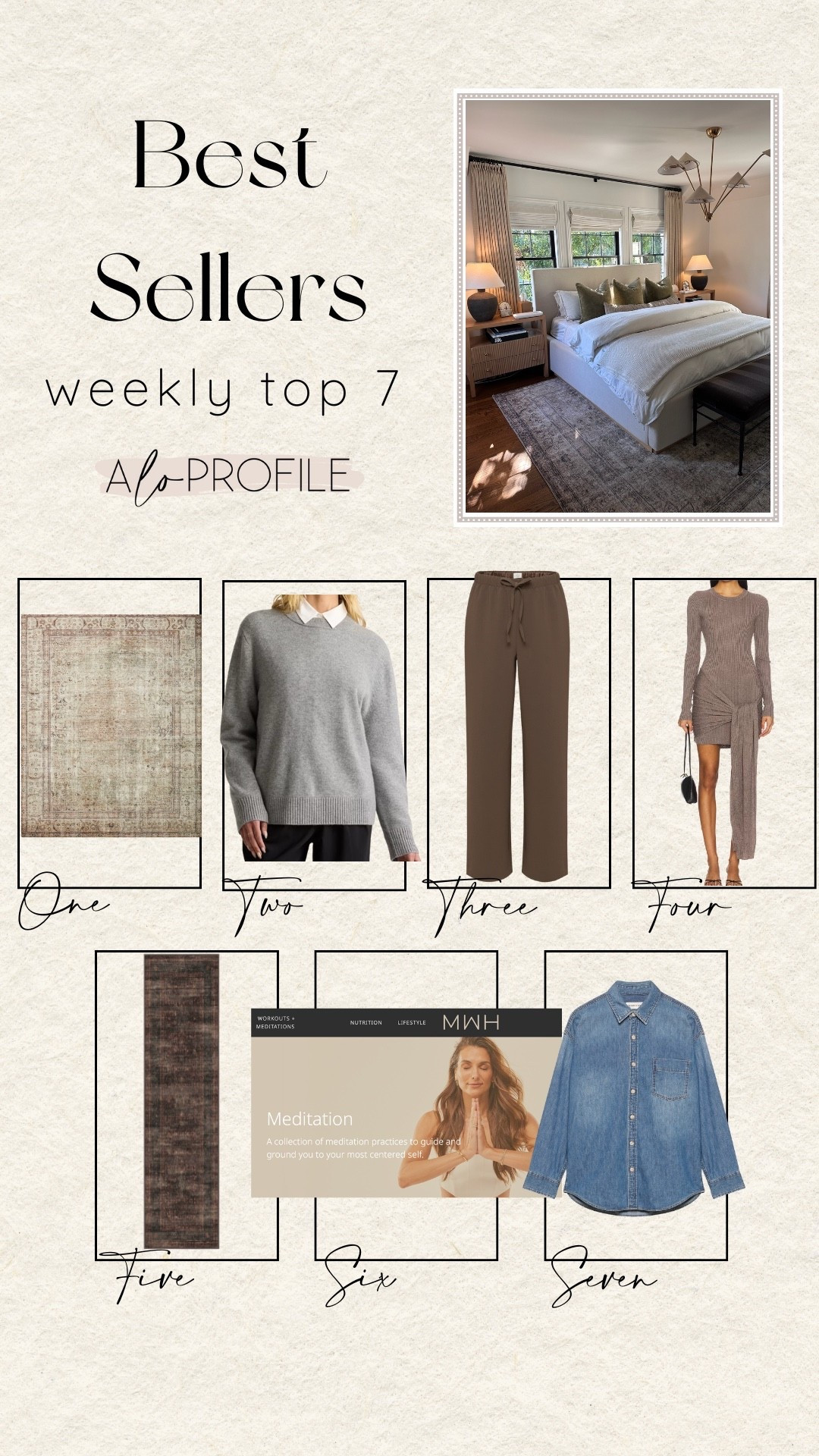 WEEKLY BESTSELLERS ✨
1. Bedroom Rug
2. Sweater
3. Fav Pants
4. Sweater Dress
5. Runner Rug (25% off sale & code: ALOPROFILE)
6. MWH Meditations (code: LAURENR5)
7. Denim Shirt



#LTKootd #LTKHome