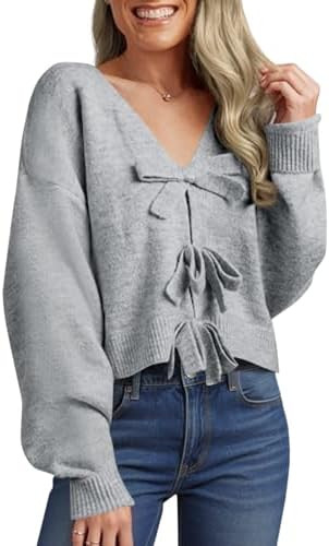 Saodimallsu Womens Bow Sweater Cropped V Neck Long Sleeve Fall Cozy Knit Loose Trendy Pullover Sw... | Amazon (US)