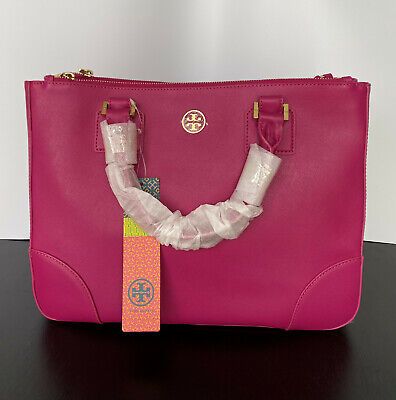 Tory Burch Robinson Double Zip Satchel Bag with Mirror Fob in Magenta | eBay US