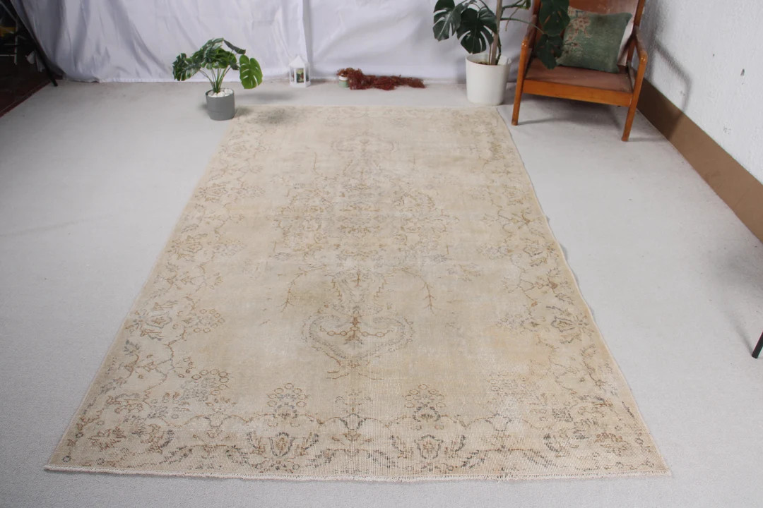 Vintage Rug Turkish Large Rugs Antique for Bedroom 5.3x8.7 Ft Beige Muted Oushak Salon Abstract A... | Etsy (US)