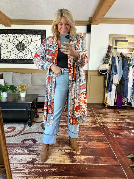 Fall outfit idea- cuffed jeans (16), shaping & comfy bodysuit (L), lightweight shirt dress/duster (xxl), western ankle boot 

#LTKmidsize #LTKplussize #LTKover40