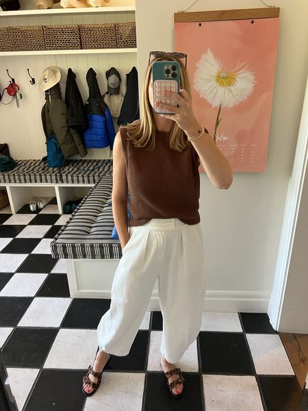 Outfit of the day: cropped white pleated trouser (with button at bottom for an optional more tapered silhouette), brown knit tank. Both tts. Laura in a small. 

Love these trousers for summer 🙌🏼

Shoes are old J.Crew

#LTKover40 #LTKSeasonal #LTKstyletip