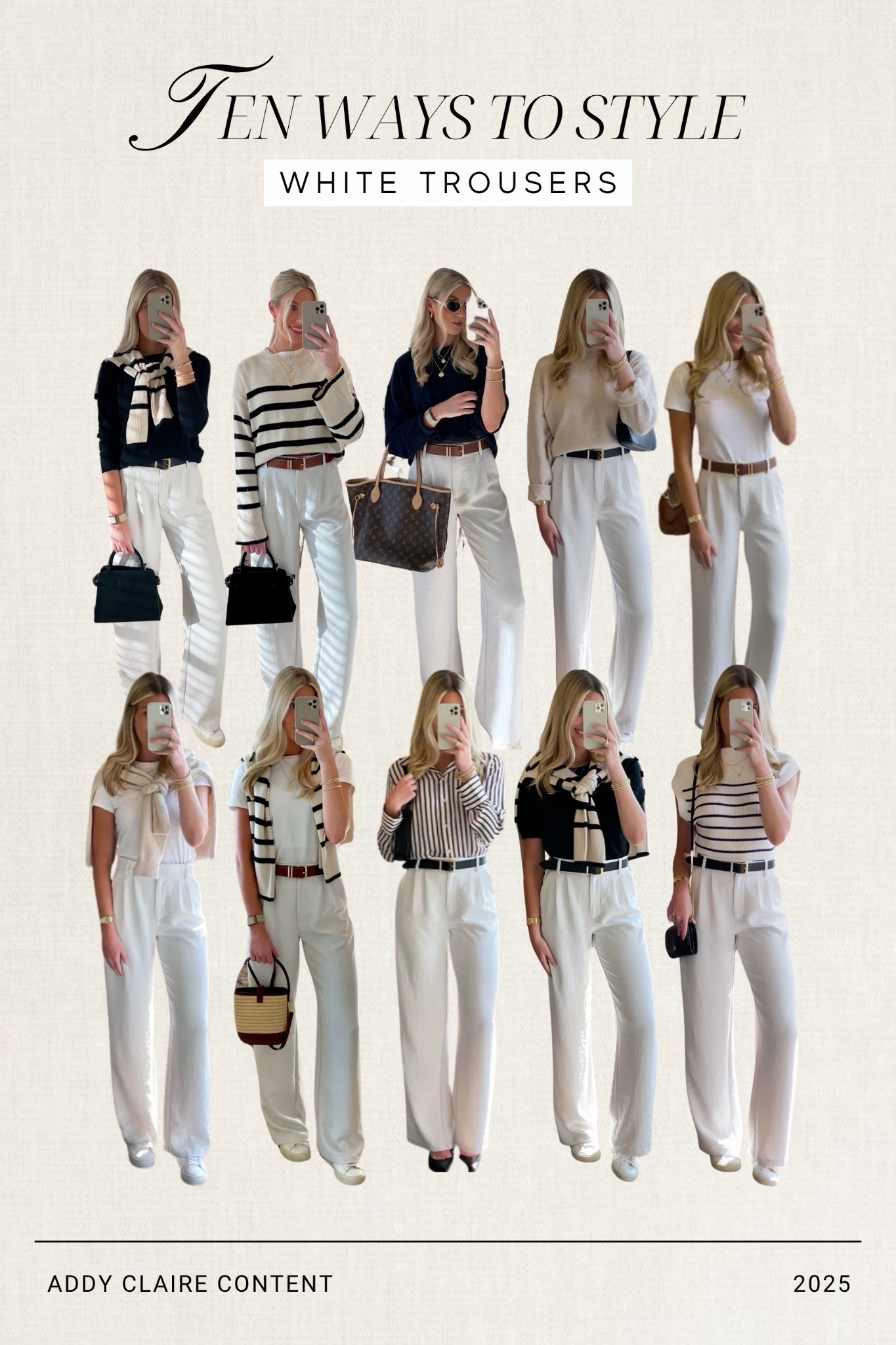 Ten ways to style white trousers using simple wardrobe basics you can mix and match.

white trousers / how to style white pants / capsule wardrobe / outfit formulas / classic style / neutral outfits / work outfit ideas / spring outfits / wardrobe basics

#LTKootd #LTKSeasonal #LTKWorkwear