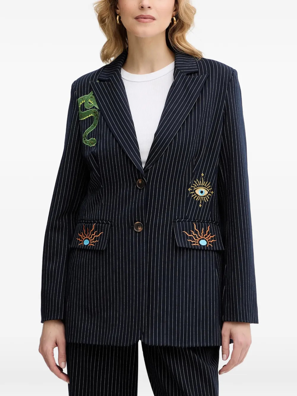NEVER FULLY DRESSED Taylor Striped Embroidered Blazer | Blue | FARFETCH | Farfetch Global