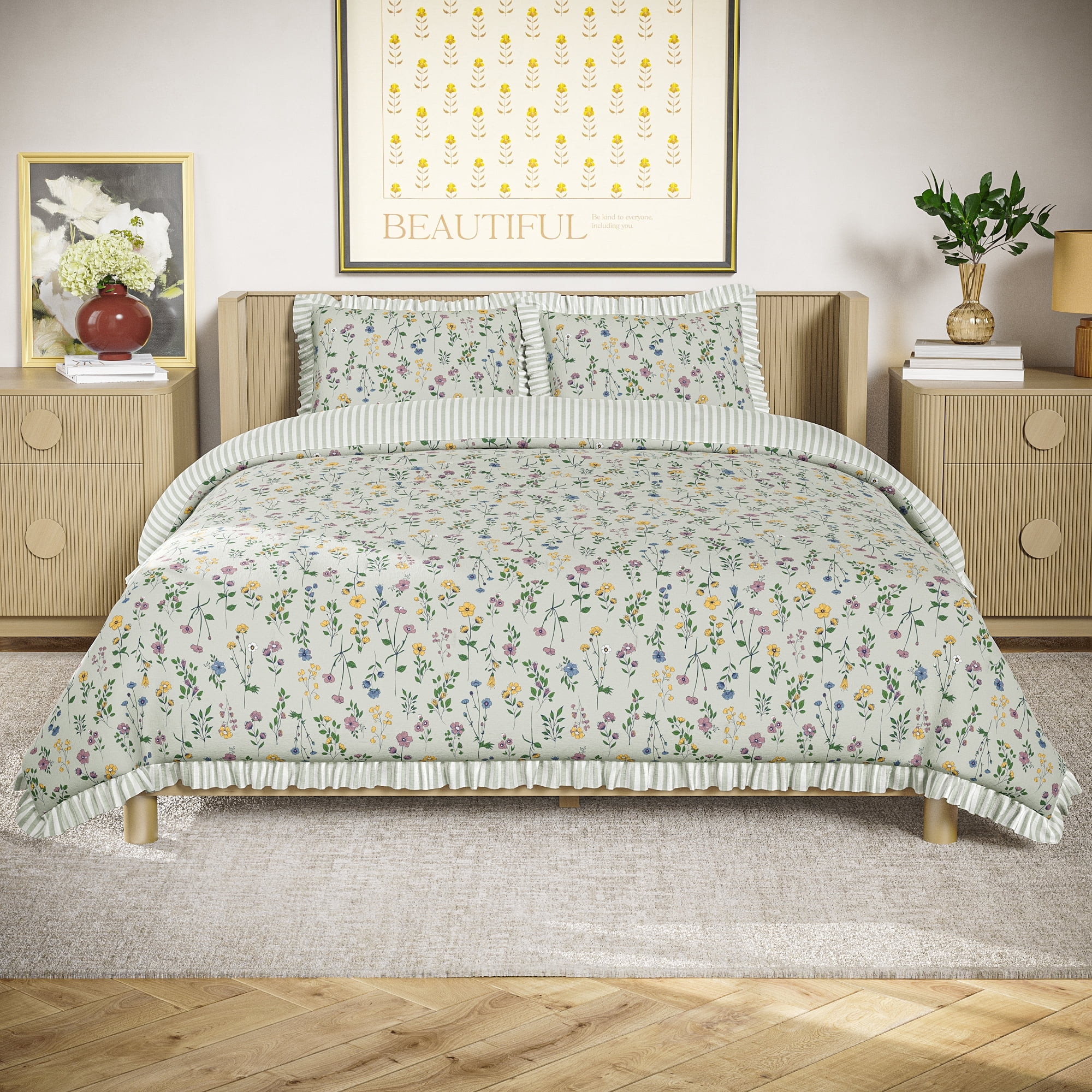 Beautiful 100% Cotton Botanical 3-Piece Sage Green Comforter Set, King by Drew Barrymore | Walmart (US)