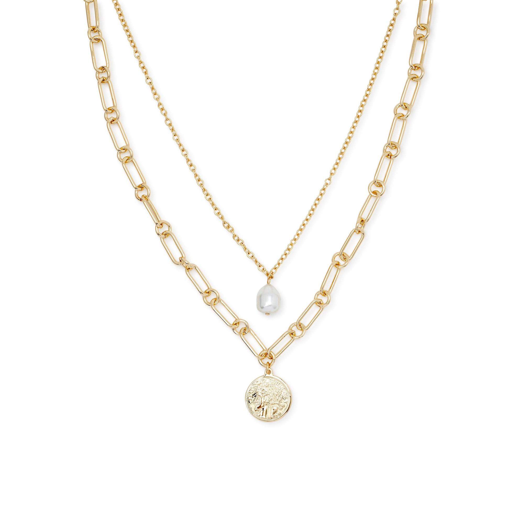 Scoop Womens Brass 14KT Gold Flash-Plated Medallion and Imitation Pearl Layered Necklace Set, 2-P... | Walmart (US)