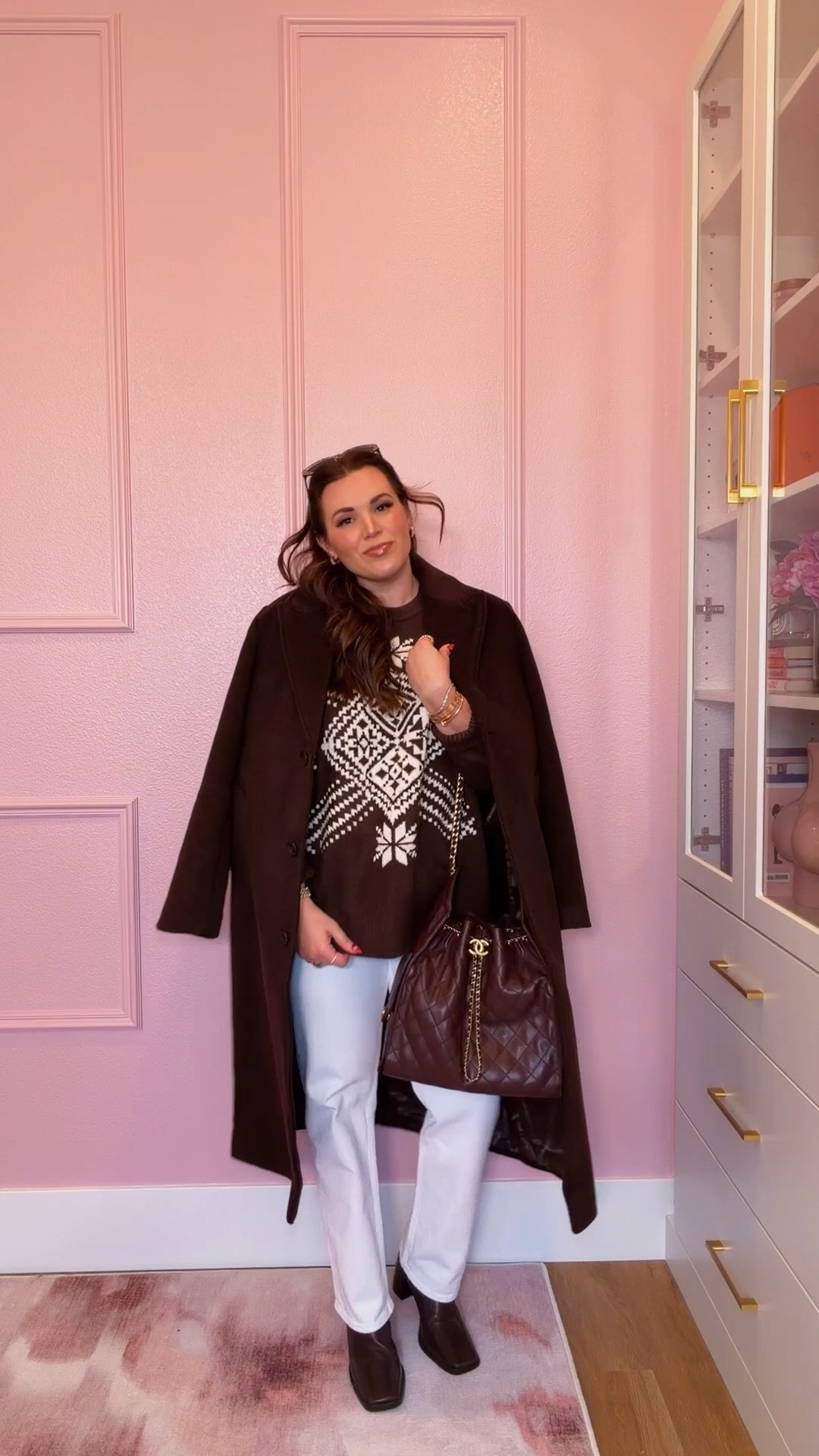 curvy midsize chocolate brown and white winter look! wearing size large in brown fairisle sweater, size large in brown wool coat, and size 30 in white denim 

#LTKFindsUnder100 #LTKMidsize #LTKSeasonal