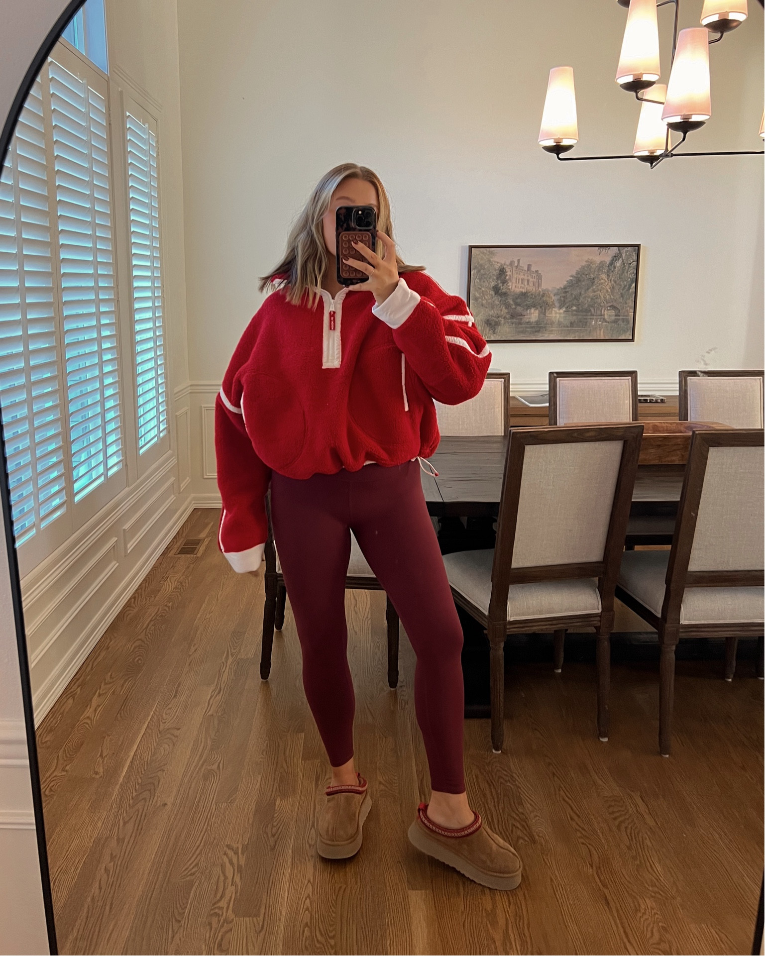 Reviews says to size down but I actually size up in the free people movement fleece to a large cause I love it to be super loose and oversized it’s SO WARM! This red 😍 leggings are amazing super flattering and soft and nothing shows through. True to size medium! 