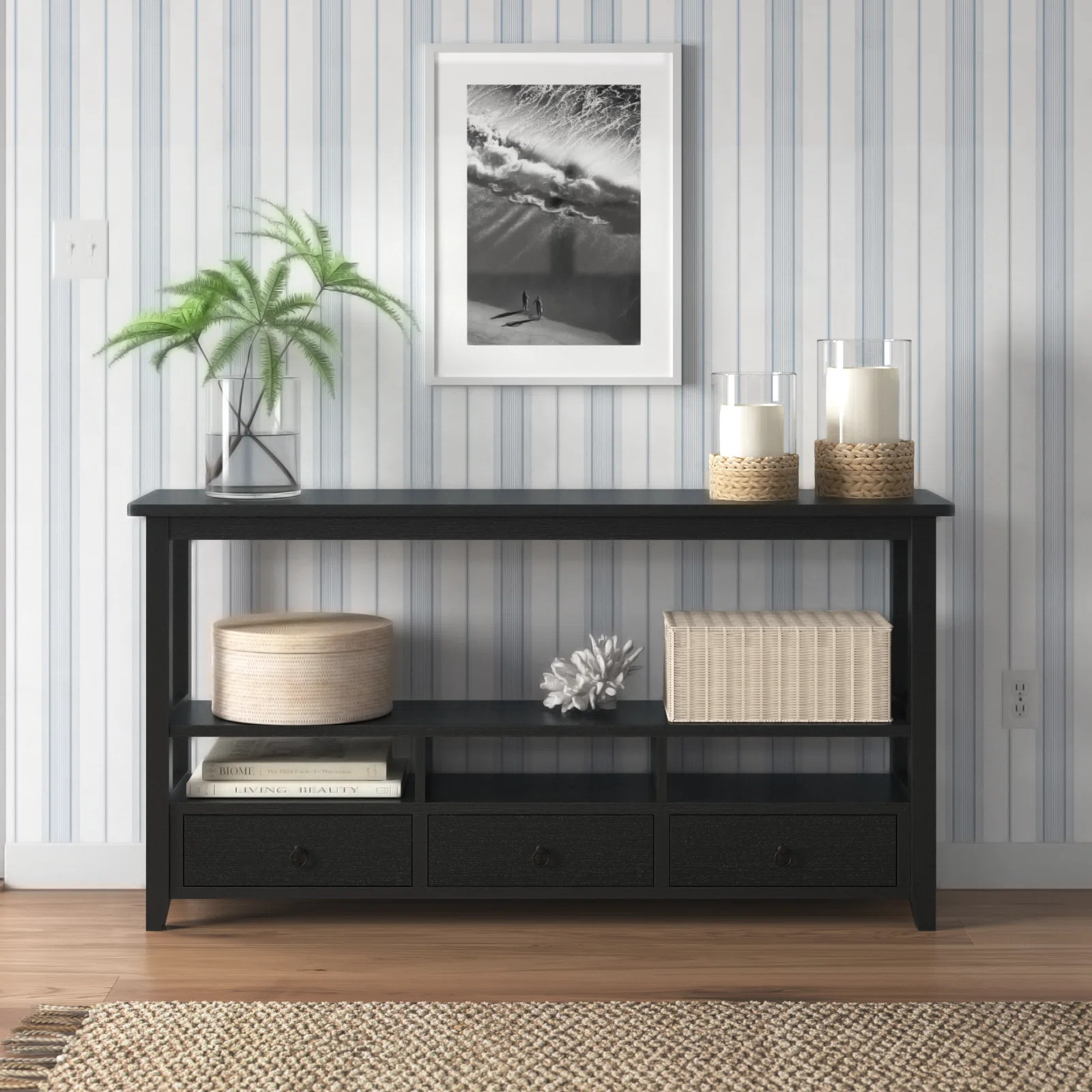 Meira 57.79" 3 Tier Vintage Solid Console Table with 3 Drawers and Shelves | Wayfair North America