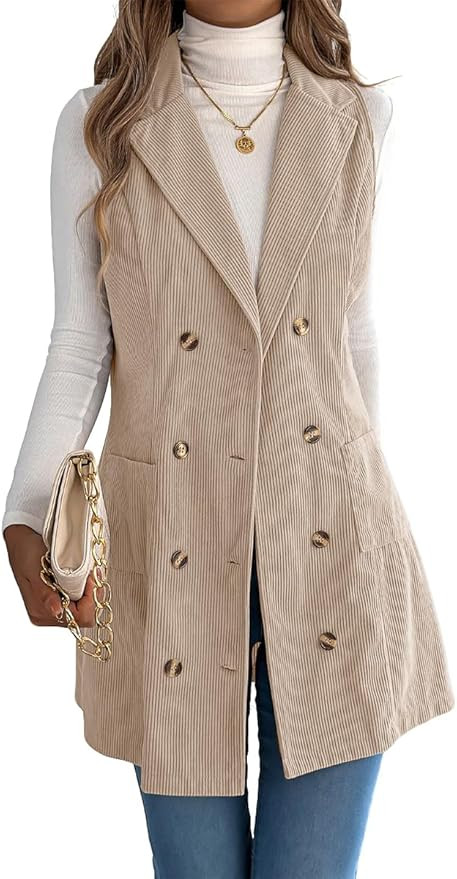 IDEALSANXUN Womens Long Corduroy Vest Fall Winter Double Breasted Sleeveless Blazer Jackets | Amazon (US)