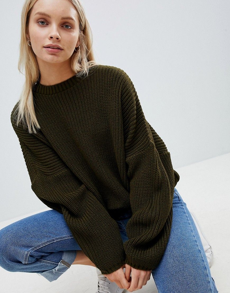 ASOS DESIGN chunky sweater in crop with volume sleeve - Green | ASOS US