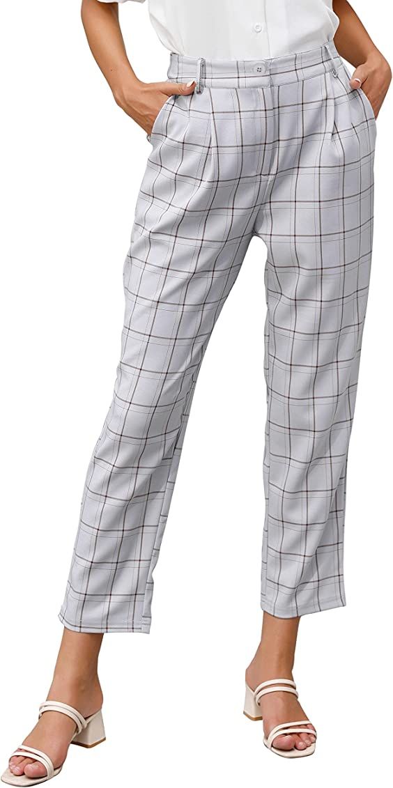 GRACE KARIN Women's Casual Work Pants with Pockets Elastic Waist Plaid Pants | Amazon (US)