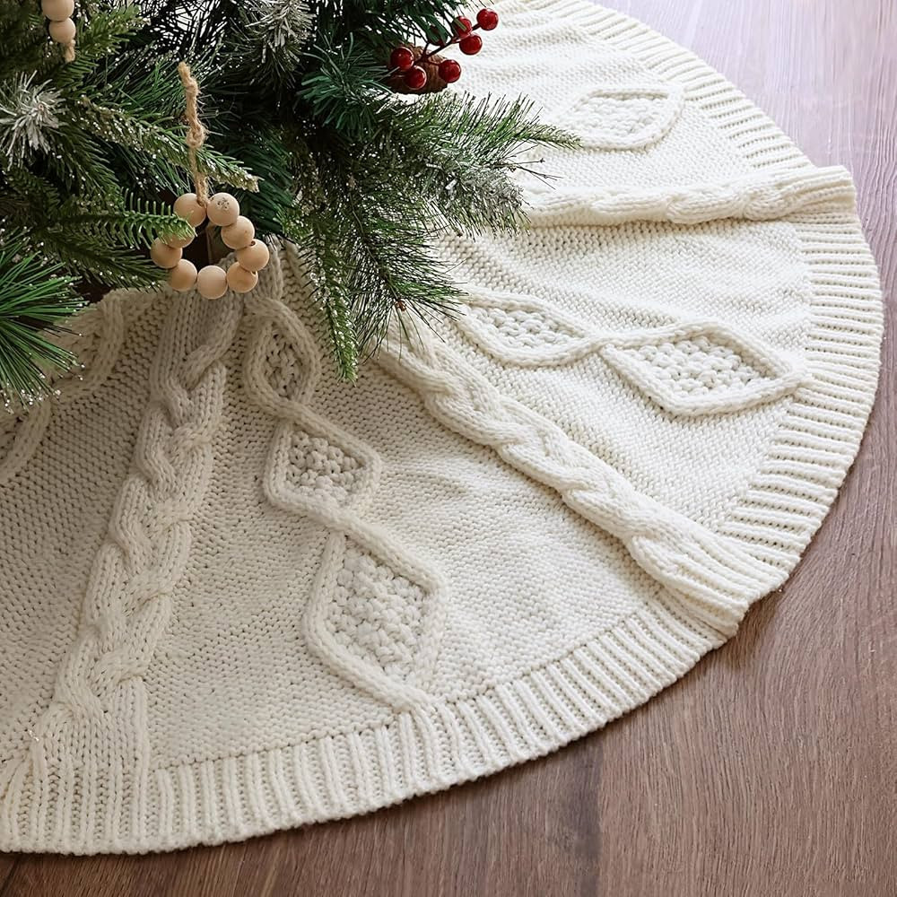 LimBridge Knitted Christmas Tree Skirt: 48 Inches Cream White Tree Skirt, Diamond Braided Cable K... | Amazon (US)