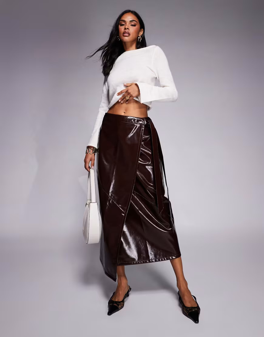 ASOS DESIGN high shine faux leather wrap midi skirt in burgundy-Red | ASOS (Global)