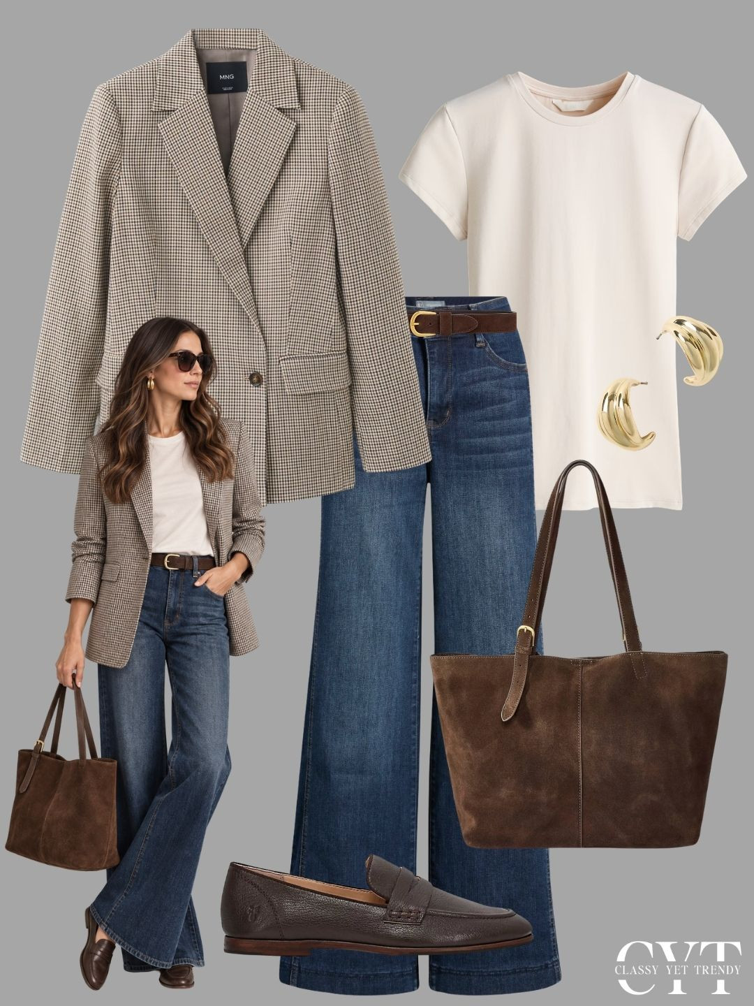 
6 outfits with a blazer and jeans ✔️ Which outfit is your favorite? black blazer, houndstooth, plaid, charcoal gray, navy, stripes, tee, sweater, black wash, medium wash, jeans, straight leg, wide leg, trouser, sneakers, mary jane, loafers, ballet flats #houndstooth #autumnstyle #outfitinspiration #blazerstyle #loaferstyle 

 