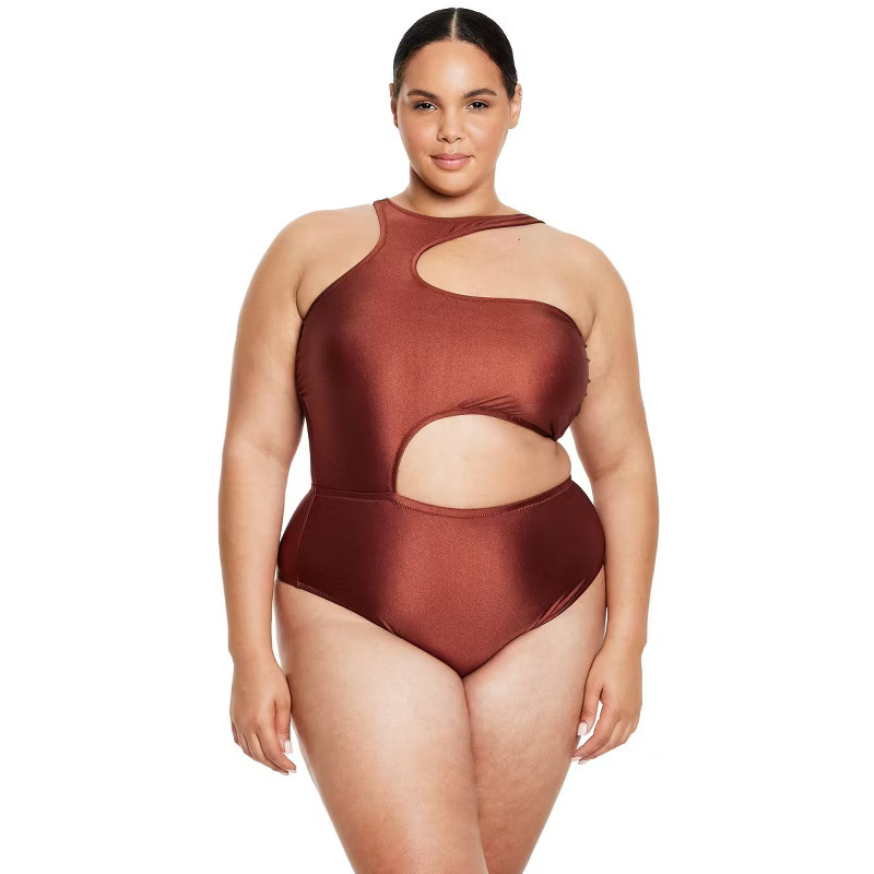Women's Asymmetrical Metallic Cut Out High Leg Cheeky One Piece Swimsuit- Fe Noel x Target Bronze | Target