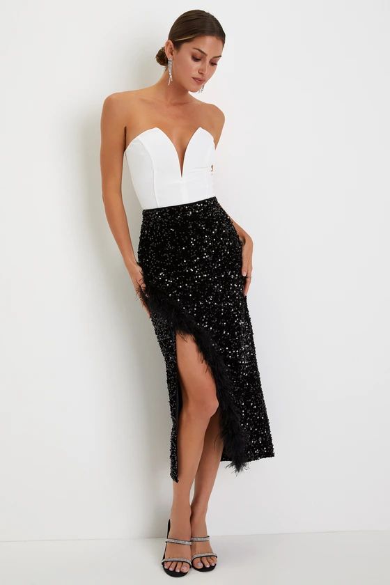 Luminous Aura Black Sequin Feather High Rise Tulip Midi Skirt | Lulus (US)