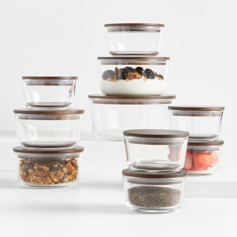 Crate & Barrel 20-Piece Round Glass Storage Containers with Dark Wood Lids + Reviews | Crate & Ba... | Crate & Barrel