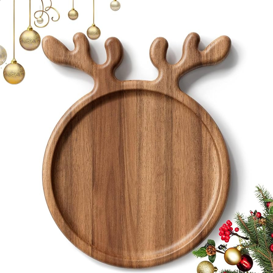 Acacia Wood Serving Platter, Christmas Decorative Reindeer Antler, 12"x10"Round Wooden Food Dish ... | Amazon (US)