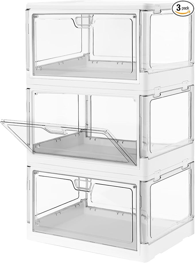 3-Pack Clear Stackable Storage Bins with Lids Magnetic Doors Open Front Foldable Folding Plastic ... | Amazon (US)